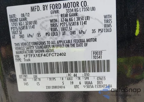 2012 Ford F150 Super Cab z USA, uszkodzony, nr VIN 1FTFX1EF4CFC72402